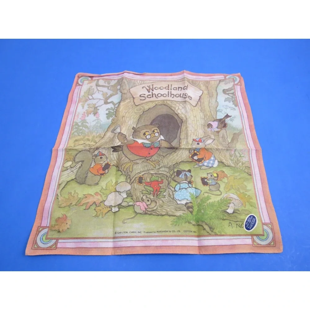 Vintage Carlton Cards Woodland Schoolhouse Fabric Scarf Hankerchief
